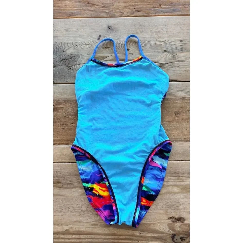 TYR Bright Multi Wave SIZE 28 Durafast Elite Cutout One Piece Swimsuit